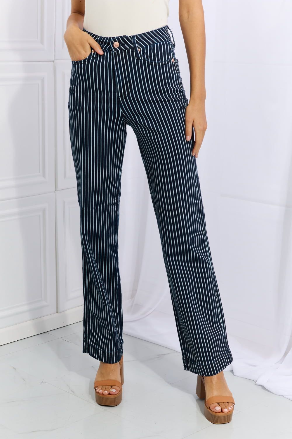 Judy Blue | Cassidy Full Size High Waisted Tummy Control Striped Straight Jeans - us.meeeshop
