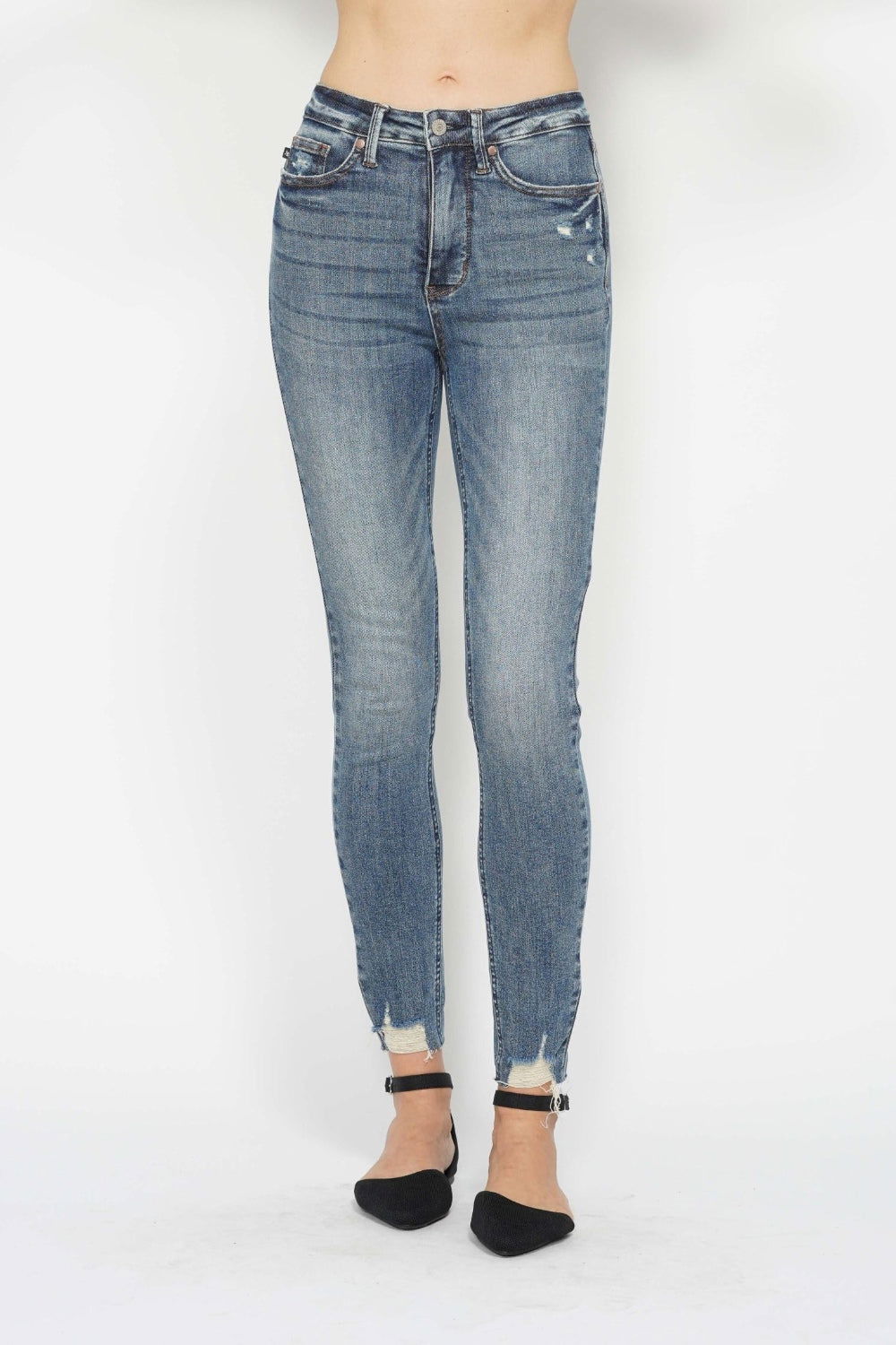 Women's Judy Blue Full Size Tummy Control Vintage Wash Hem Destroy Skinny Jeans - us.meeeshop