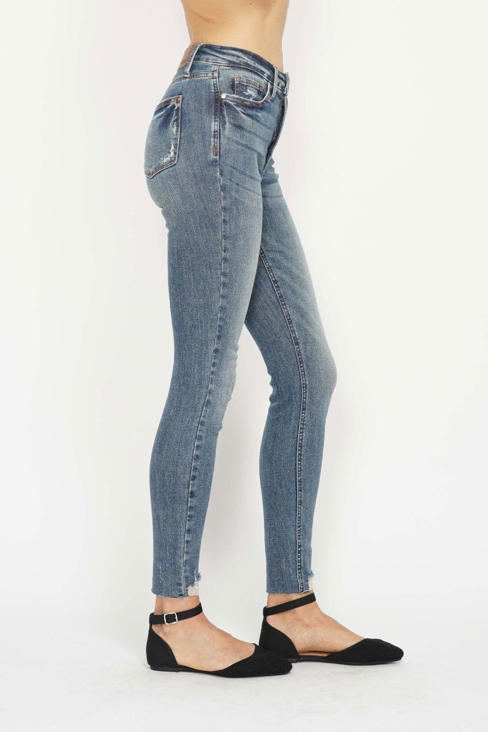 Women's Judy Blue Full Size Tummy Control Vintage Wash Hem Destroy Skinny Jeans - us.meeeshop