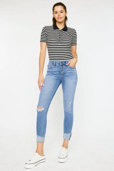 Kancan Distressed Cat's Whiskers Button Fly Jeans - us.meeeshop