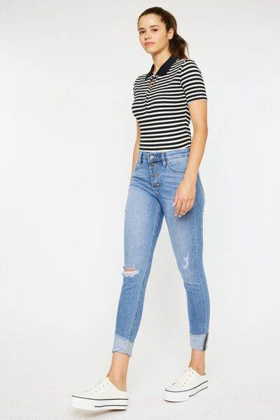 Kancan Distressed Cat's Whiskers Button Fly Jeans - us.meeeshop