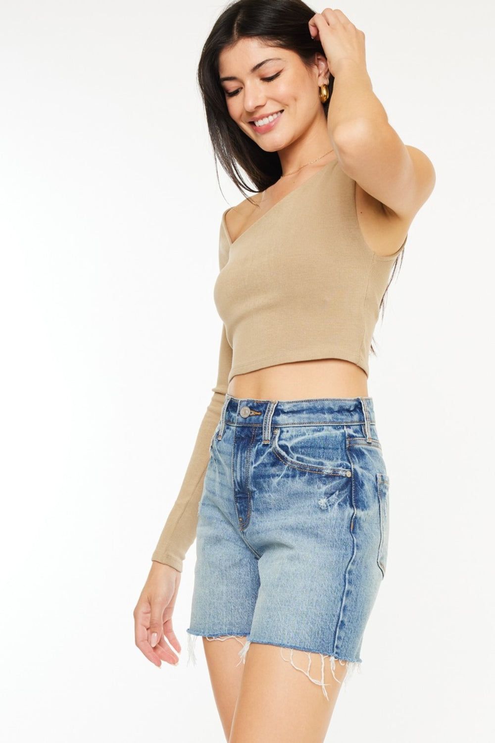 Kancan Full Size Raw Hem High Waist Denim Shorts us.meeeshop - 