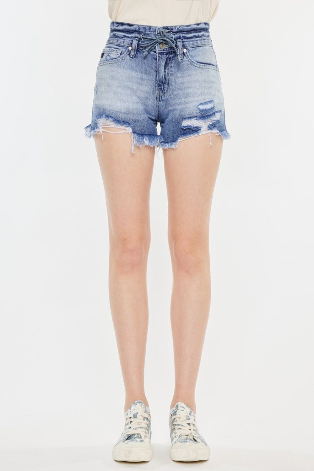 Kancan High Rise Frayed Hem Denim Shorts - us.meeeshop