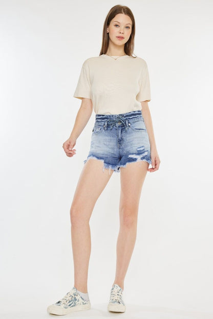 Kancan High Rise Frayed Hem Denim Shorts - us.meeeshop