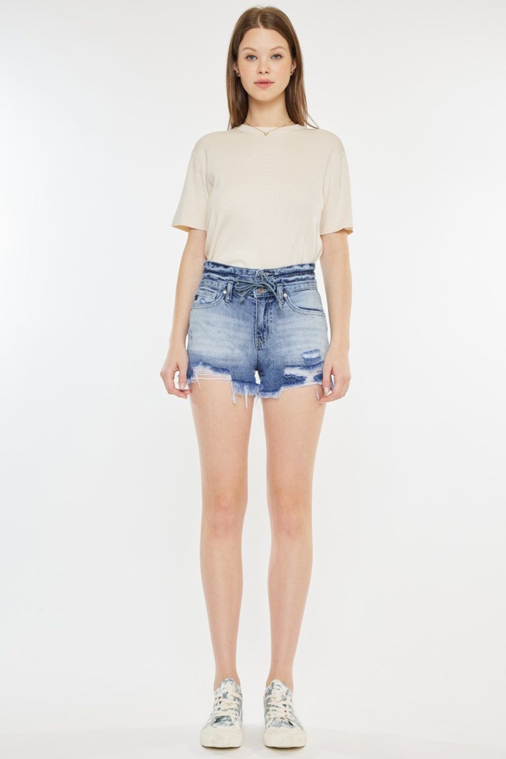 Kancan High Rise Frayed Hem Denim Shorts - us.meeeshop