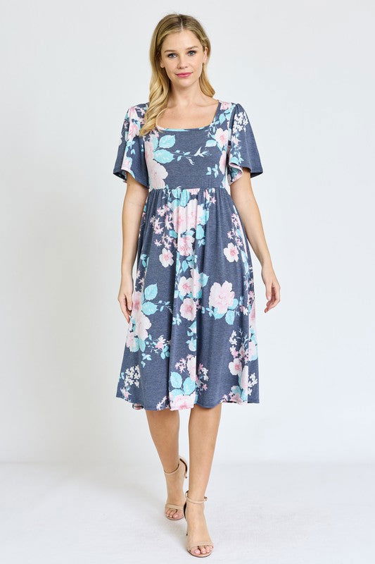 Kimono Sleeve Floral Tea Length Dress us.meeeshop - 