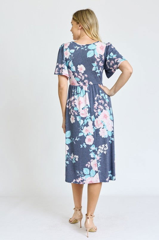 Kimono Sleeve Floral Tea Length Dress us.meeeshop - 