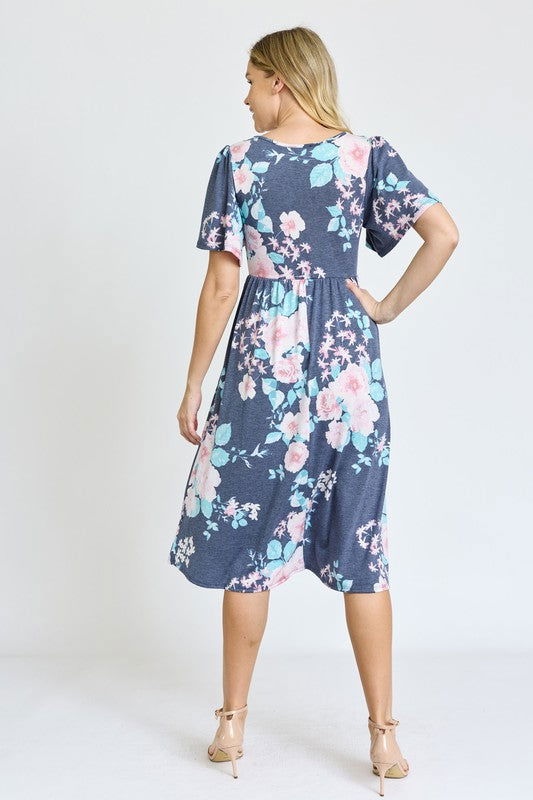 Kimono Sleeve Floral Tea Length Dress us.meeeshop - 