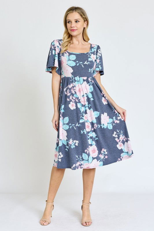 Kimono Sleeve Floral Tea Length Dress us.meeeshop - 