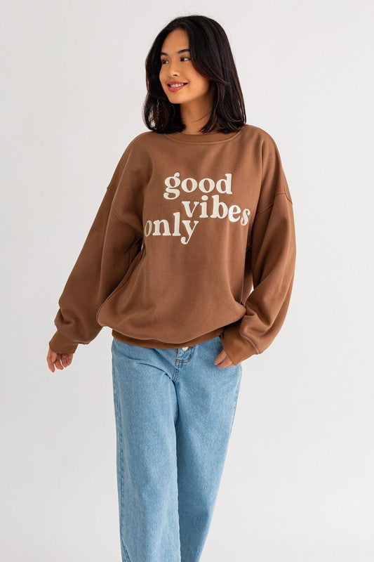 LE LIS Letter Embroidery Oversized Sweatshirt us.meeeshop - Shirts & Tops