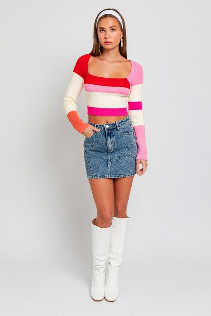 LE LIS Long Sleeve Color Block Stripe Knit Top us.meeeshop - 