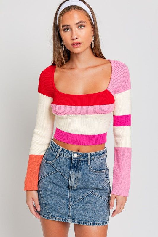 LE LIS Long Sleeve Color Block Stripe Knit Top us.meeeshop - Shirts & Tops