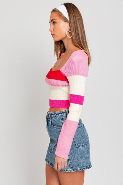 LE LIS Long Sleeve Color Block Stripe Knit Top us.meeeshop - 