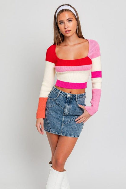 LE LIS Long Sleeve Color Block Stripe Knit Top us.meeeshop - 