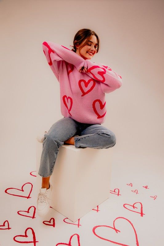 LE LIS Long Sleeve Round Neck Heart Printed Sweater us.meeeshop - Shirts & Tops