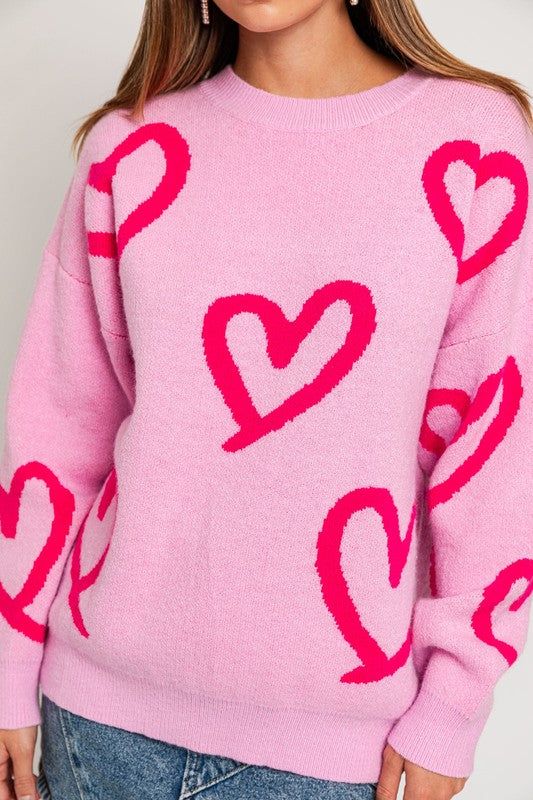 LE LIS Long Sleeve Round Neck Heart Printed Sweater us.meeeshop - 