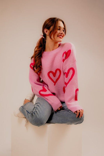 LE LIS Long Sleeve Round Neck Heart Printed Sweater us.meeeshop - 