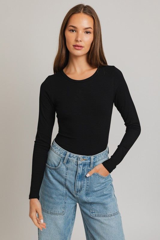 LE LIS Long Sleeve Round Neck Ribbed Bodysuit us.meeeshop - 