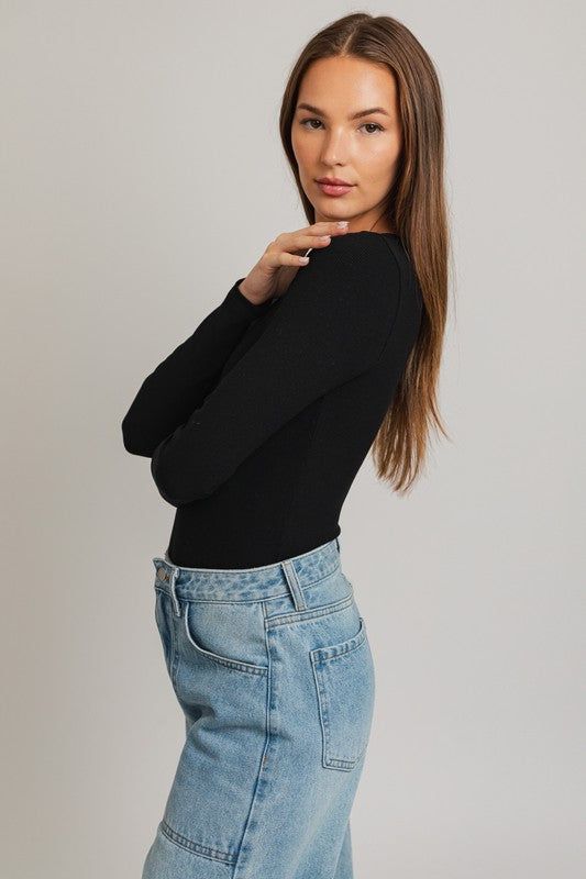 LE LIS Long Sleeve Round Neck Ribbed Bodysuit us.meeeshop - 