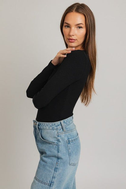 LE LIS Long Sleeve Round Neck Ribbed Bodysuit us.meeeshop - 