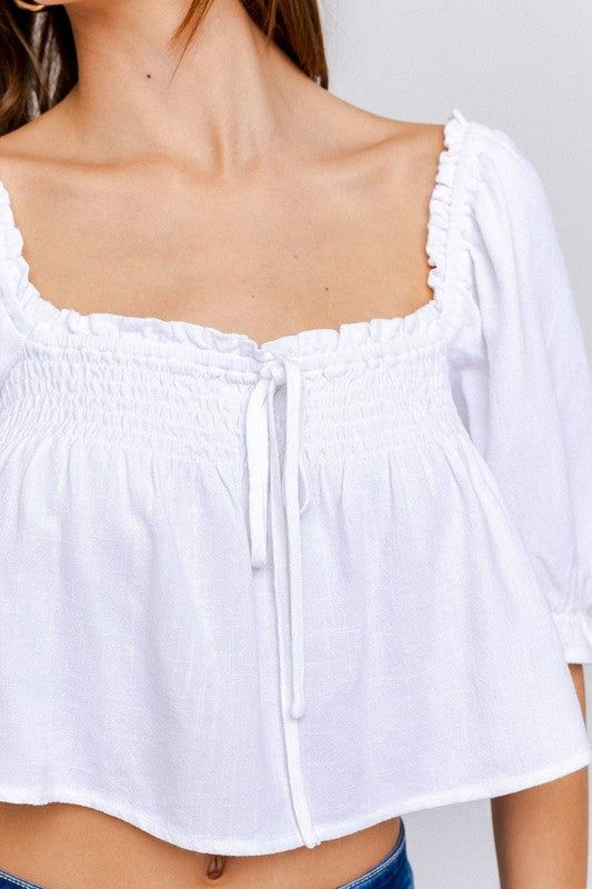 LE LIS Puff Sleeve Smocking Detail Flared Top us.meeeshop - 