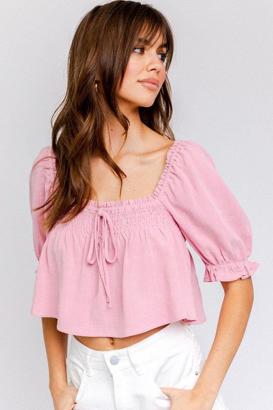 LE LIS Puff Sleeve Smocking Detail Flared Top us.meeeshop - 