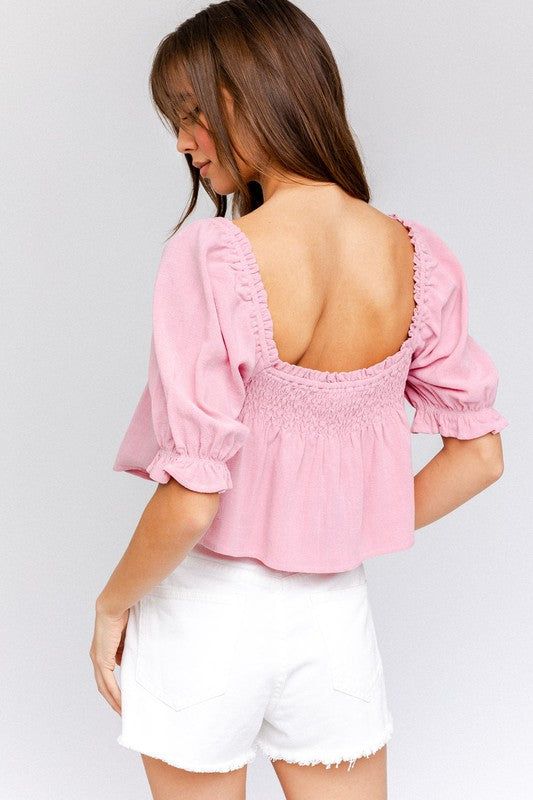 LE LIS Puff Sleeve Smocking Detail Flared Top us.meeeshop - 