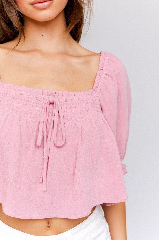 LE LIS Puff Sleeve Smocking Detail Flared Top us.meeeshop - 