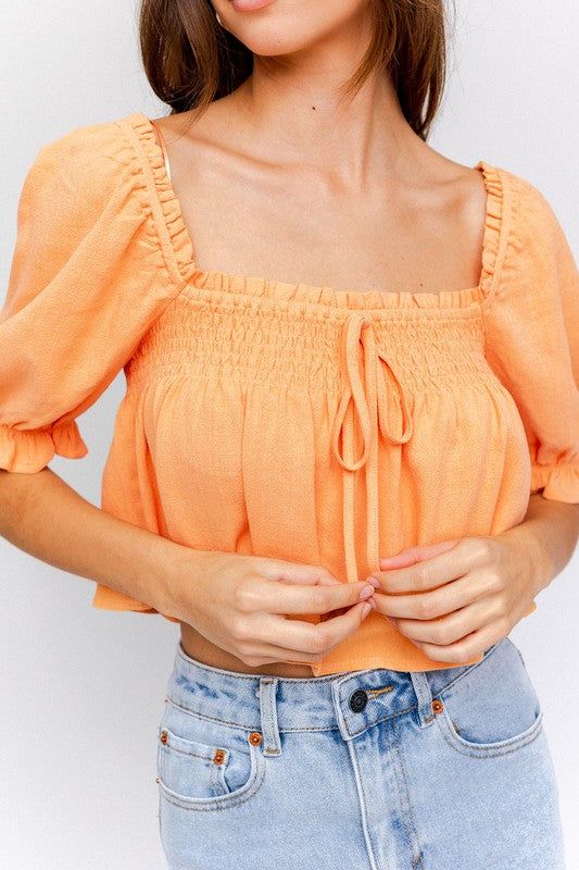 LE LIS Puff Sleeve Smocking Detail Flared Top us.meeeshop - 