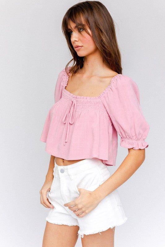 LE LIS Puff Sleeve Smocking Detail Flared Top us.meeeshop - 