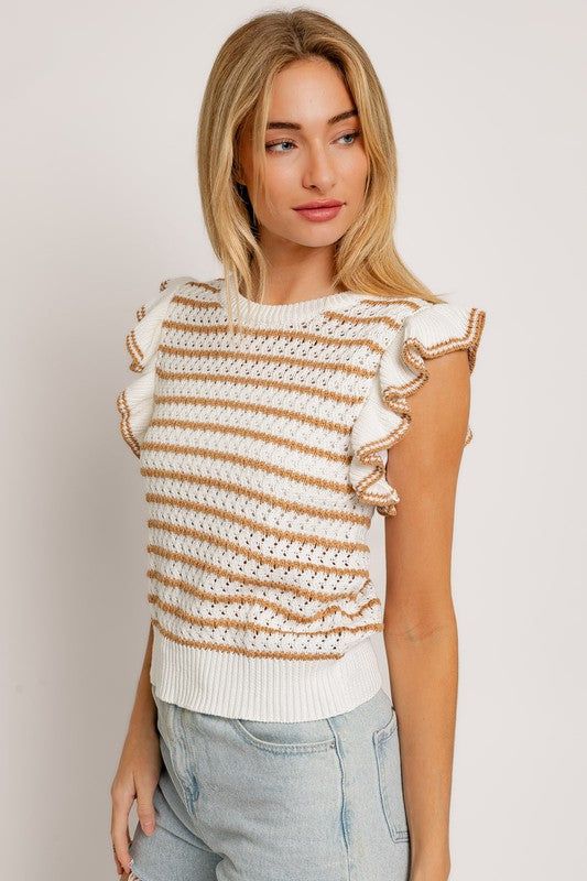 LE LIS Round Neck Ruffle Sleeve Stripe Knit Top us.meeeshop - 