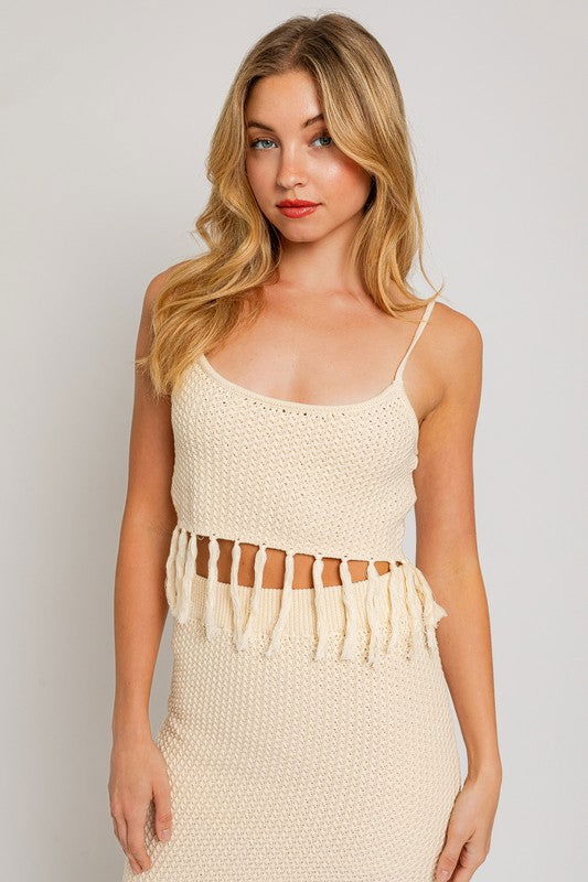 LE LIS Tassel Detail Spaghetti Sweater Crop Top us.meeeshop - Shirts & Tops