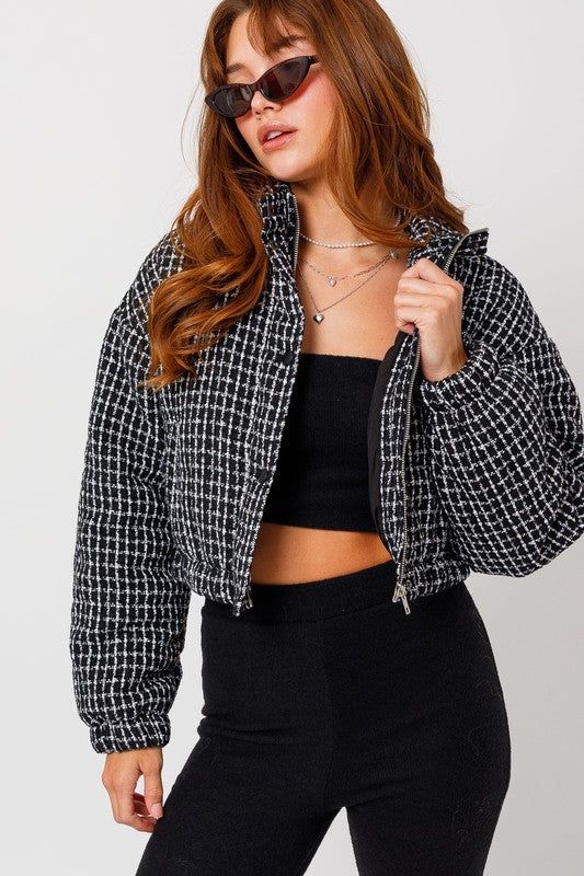 LE LIS Tweed Crop Puffer Jacket us.meeeshop - Coats & Jackets