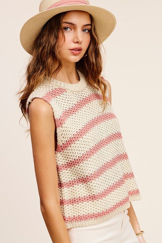 La Miel Chunky Stripe Sleeveless Sweater Top us.meeeshop - 