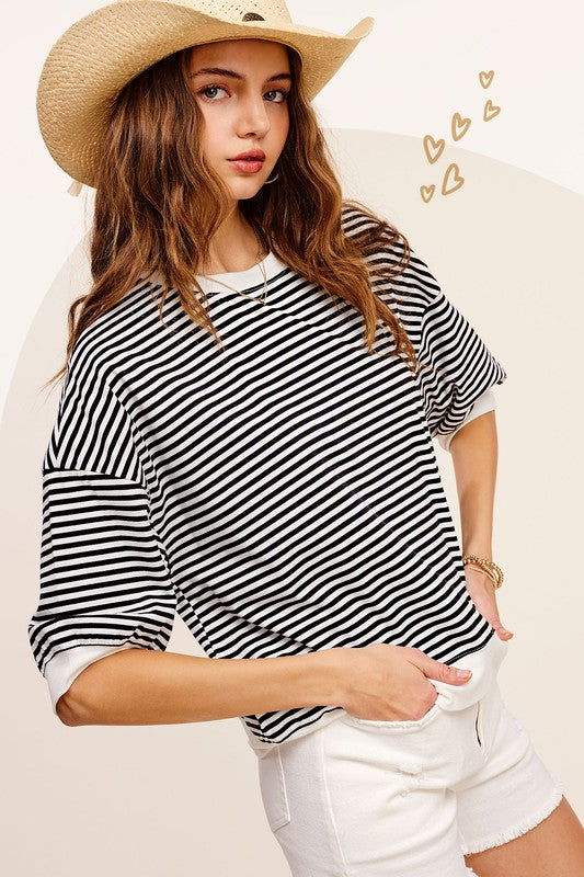 La Miel Crew Neck Stripe Short Sleeve Top us.meeeshop - 