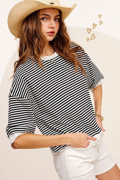 La Miel Crew Neck Stripe Short Sleeve Top us.meeeshop - 