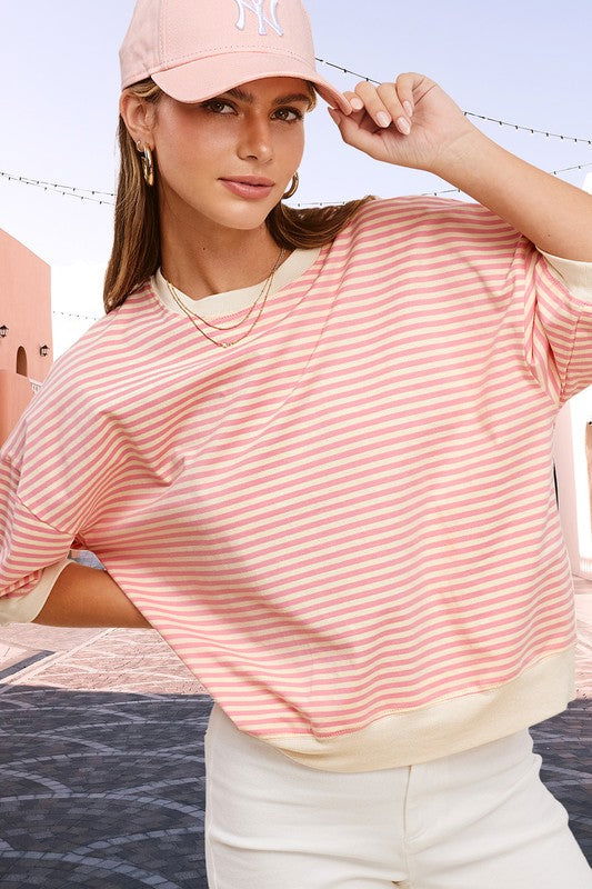 La Miel Crew Neck Stripe Short Sleeve Top us.meeeshop - 