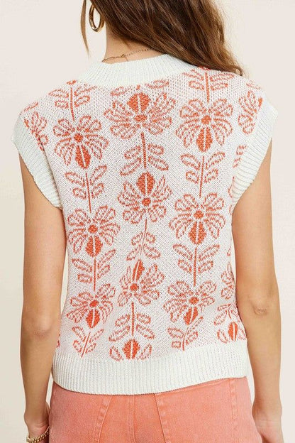 La Miel Flower Pattern Sleeveless Sweater Top us.meeeshop - 