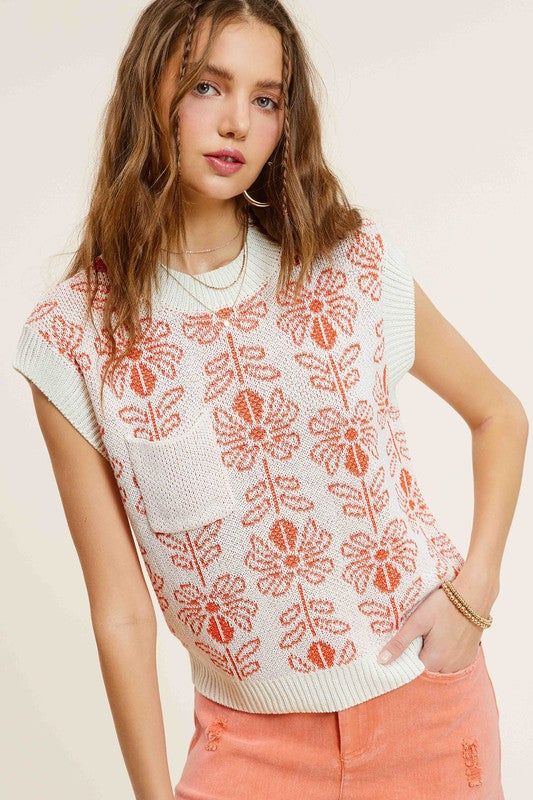 La Miel Flower Pattern Sleeveless Sweater Top us.meeeshop - 