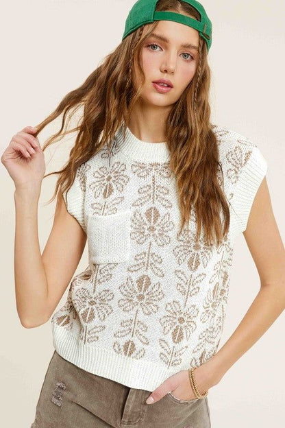 La Miel Flower Pattern Sleeveless Sweater Top us.meeeshop - 