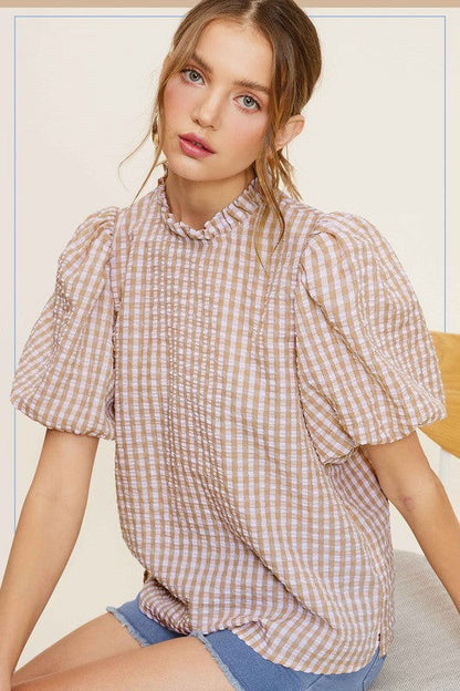 La Miel Gingham Check Print Puff Sleeve Top us.meeeshop - Shirts & Tops