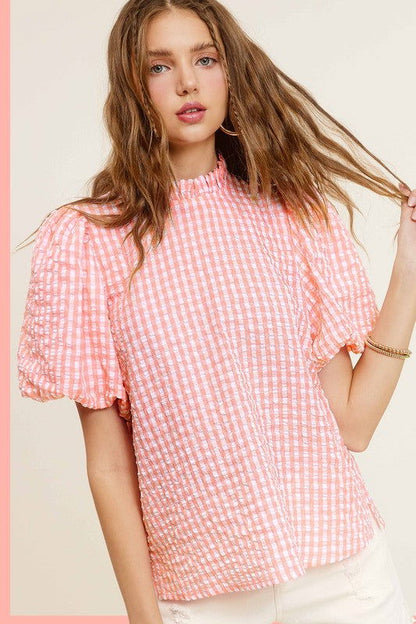 La Miel Gingham Check Print Puff Sleeve Top us.meeeshop - 