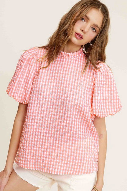 La Miel Gingham Check Print Puff Sleeve Top us.meeeshop - 