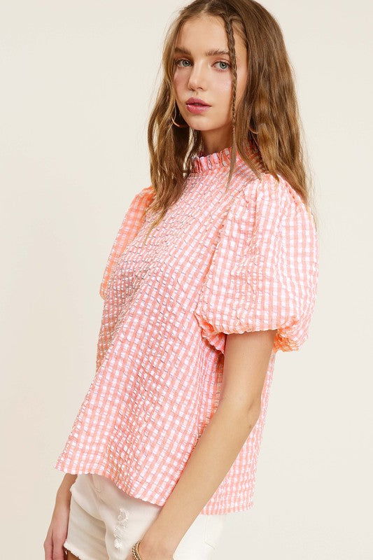 La Miel Gingham Check Print Puff Sleeve Top us.meeeshop - 