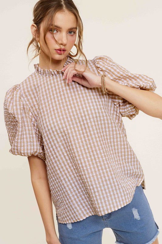 La Miel Gingham Check Print Puff Sleeve Top us.meeeshop - 