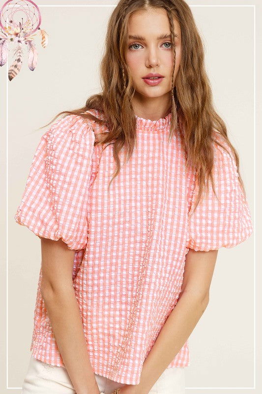 La Miel Gingham Check Print Puff Sleeve Top us.meeeshop - 