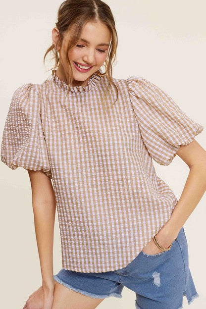 La Miel Gingham Check Print Puff Sleeve Top us.meeeshop - 