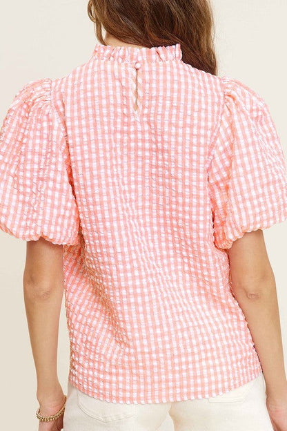 La Miel Gingham Check Print Puff Sleeve Top us.meeeshop - 