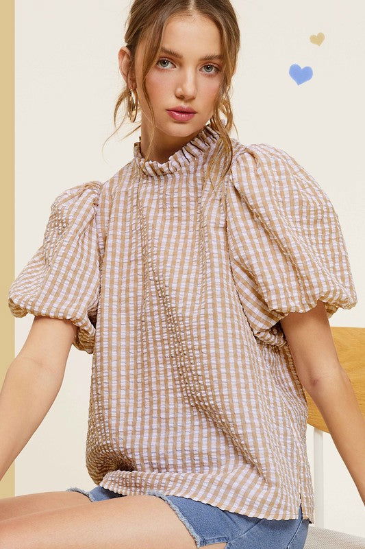 La Miel Gingham Check Print Puff Sleeve Top us.meeeshop - 