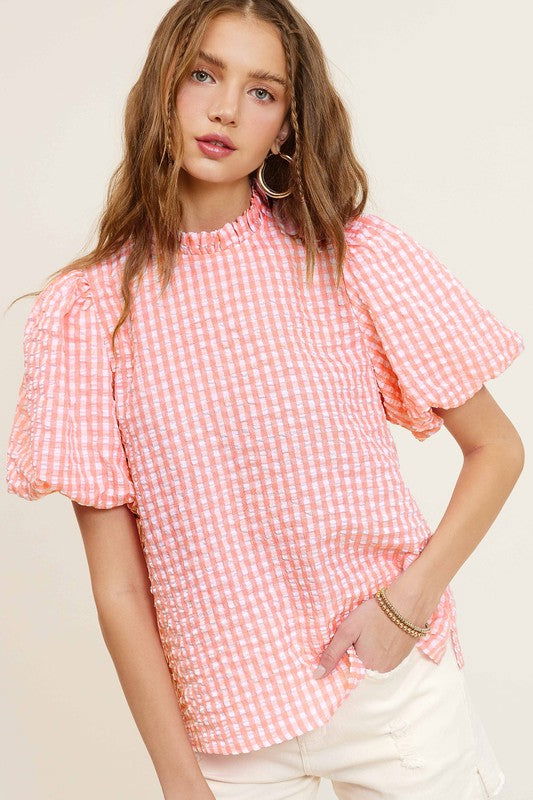 La Miel Gingham Check Print Puff Sleeve Top us.meeeshop - 